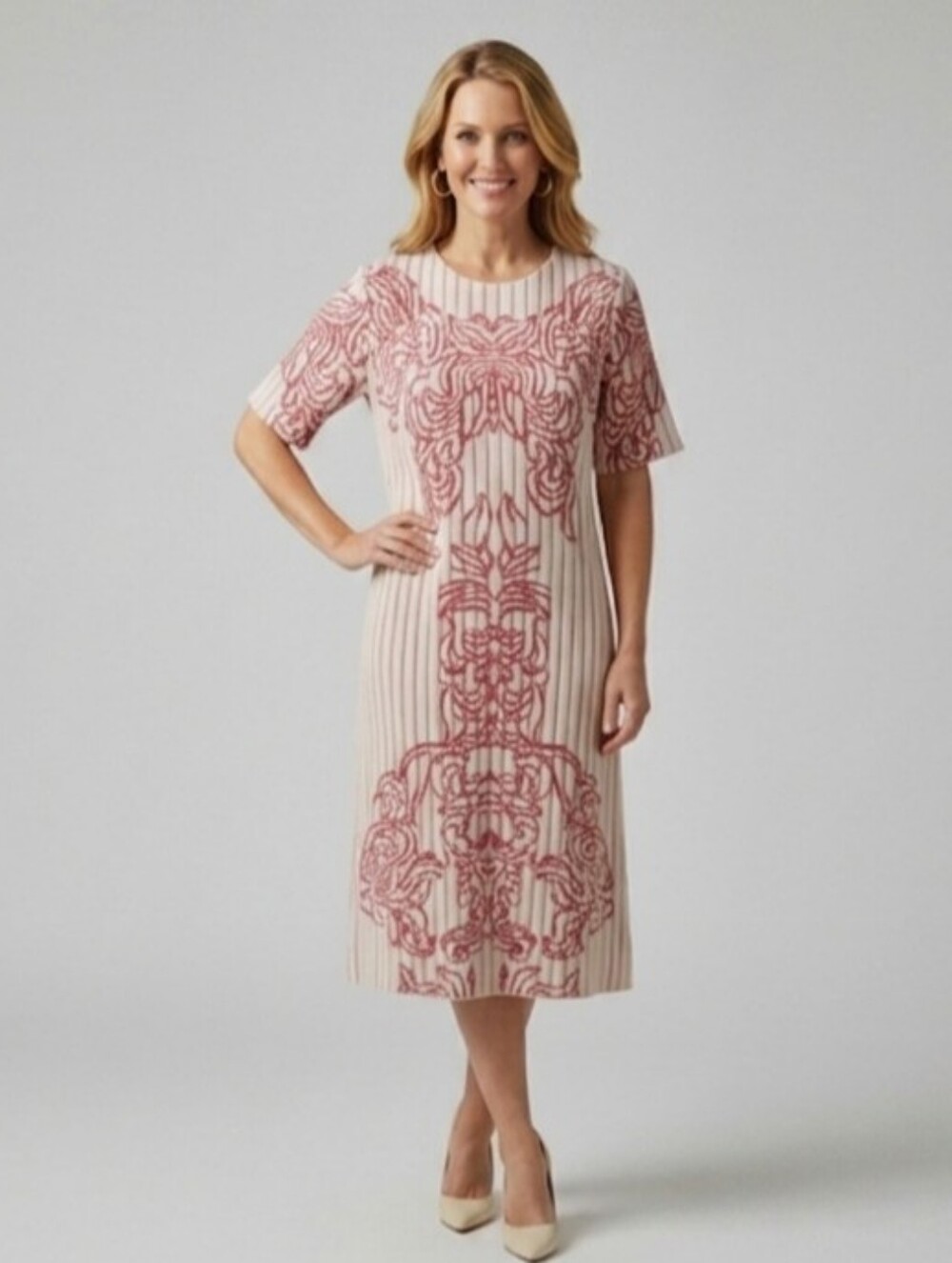 $265 Ming Wang Jacquard Knit Dress Pink and White Size Large NWT